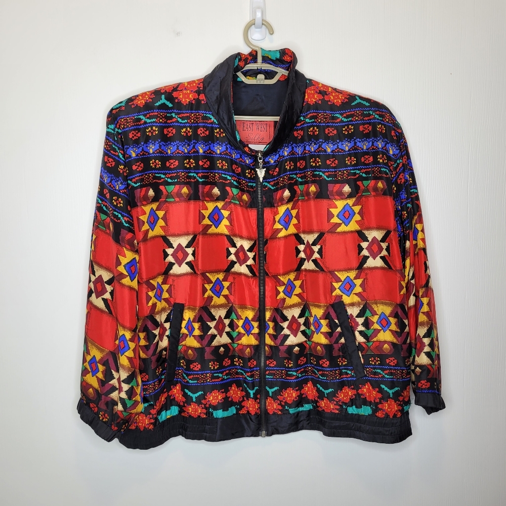 Vtg 80s East West Silk Oversized Bomber Jacket 2X Southwestern Aztec